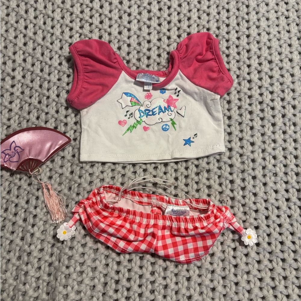 Pink and White Dream Crop Top with Red Checkered Skirt